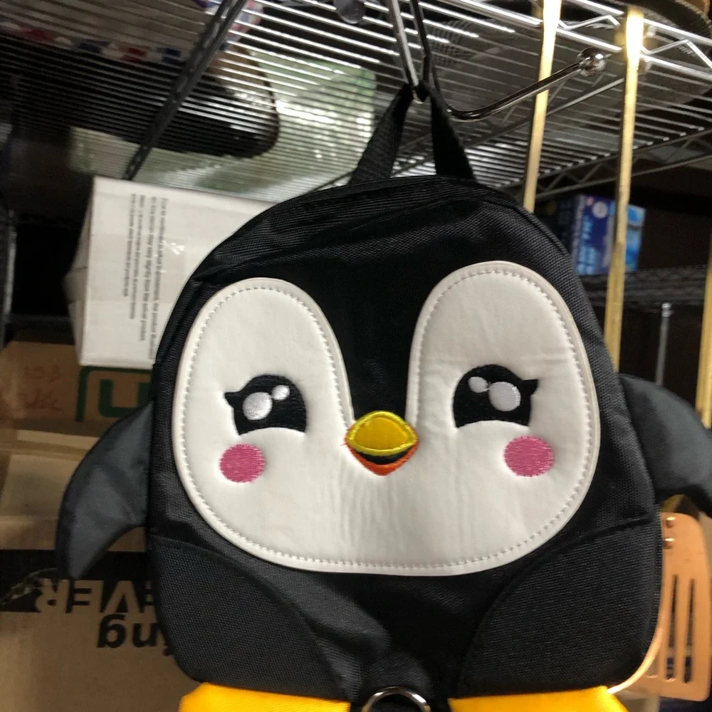 Kids Toddler Girl’s Penguin Backpack - Black and White with Yellow Accent